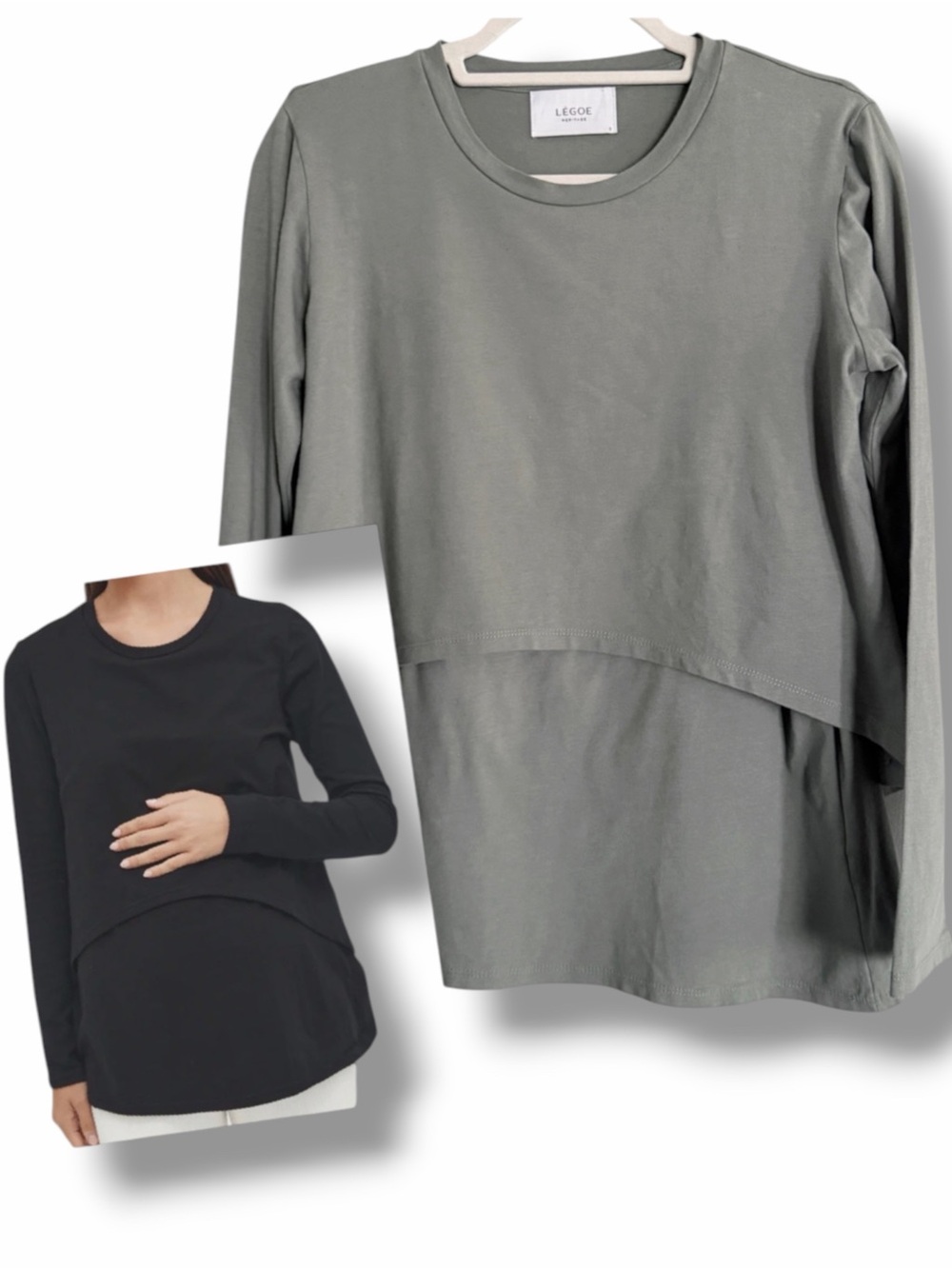 Legoe Heritage Long Sleeved Organic Cotton Layered Nursing Top Sage Size 0 US 4